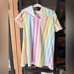 RuffleButts terry swim coverup dress Rainbow Striped Swim towel hooded toddler